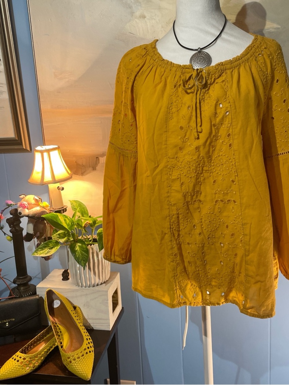Old Navy Mustard Yellow Eyelet Peasant Blouse